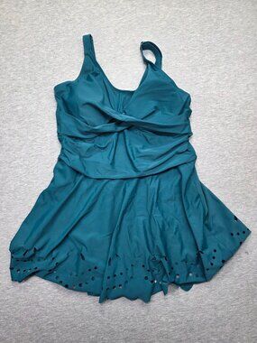 NWT A.Jesdani Womens Swimdress Tankini Set Large Teal Eyelet Wrap